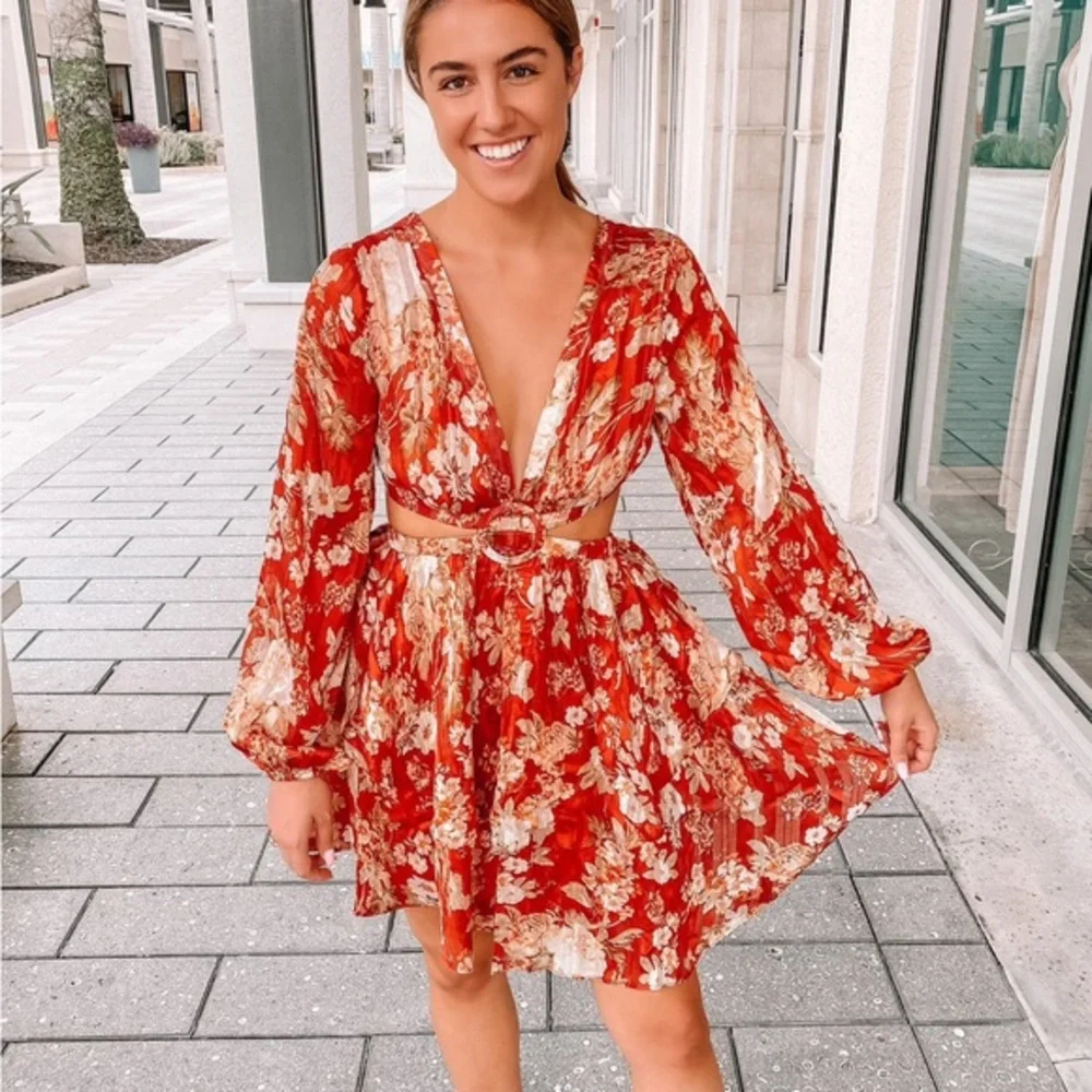 Resort Red Cut-Out Ruffle Floral Midi Romper - Picture 8 of 8